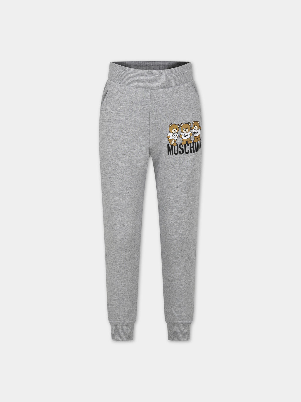 Gray trousers for kids with three Teddy Bears and logo